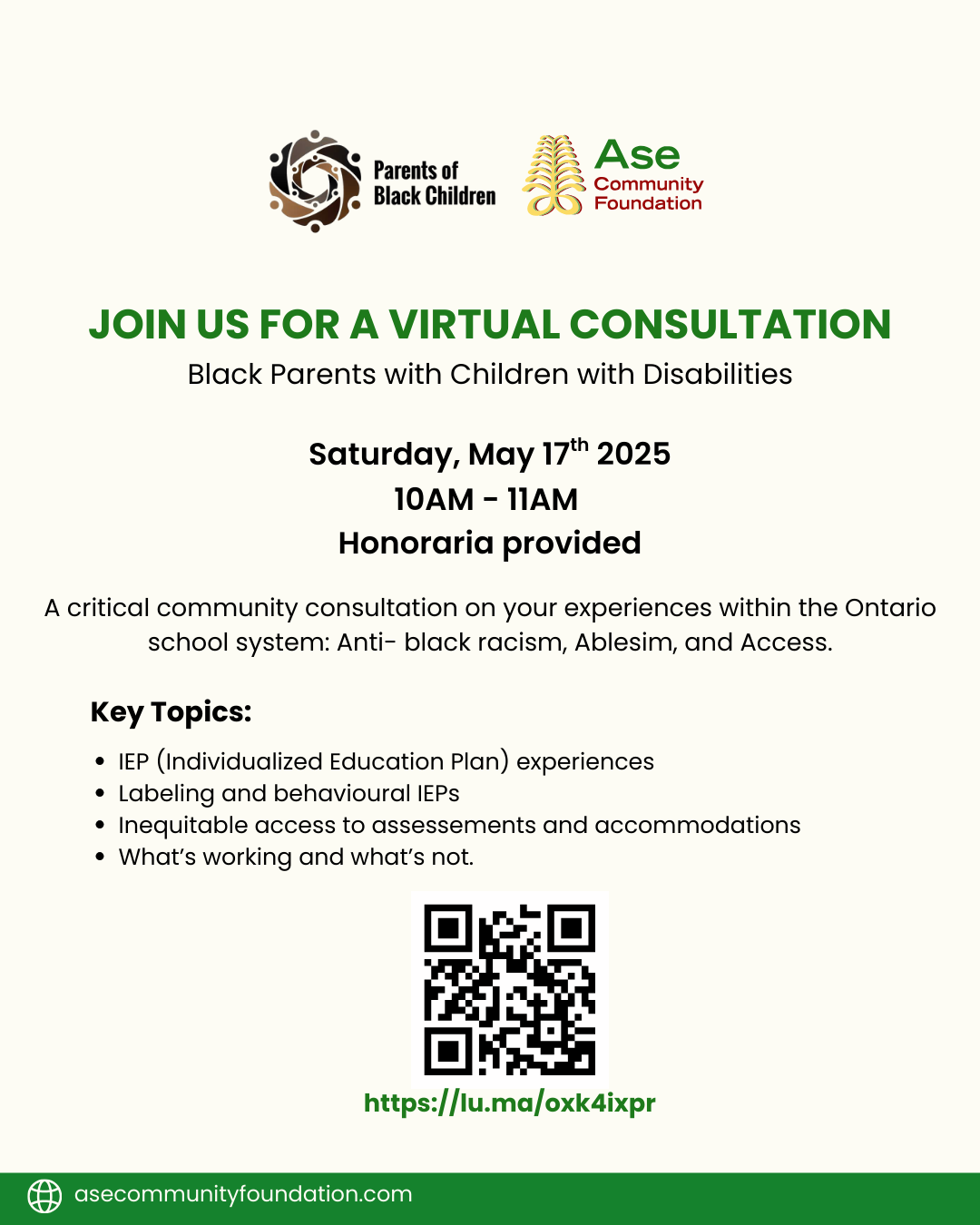 Lunch and Learn poster with a geometric design in burgundy, teal, and gold colors. Features logos from ASE Community Foundation and Elections Canada. The poster describes 'A Public information session on registering and voting at a public election' scheduled for April 4th, 2025, 12PM-1PM. Includes a QR code and 'Register Now' button for easy registration.